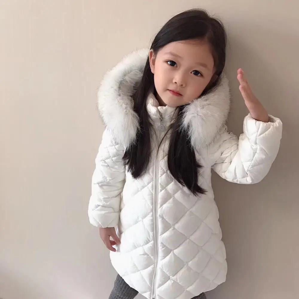 

girls down jacket solid white blue color fur collar hooded kids down jacket outwear