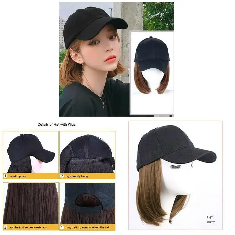 Baseball Hat with Short Hair Wigs Bob Hair Synthetic Hat for Women Summer Short Straight Hair Heat Resistant Fiber 2023 New 5
