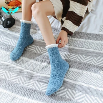 

Unisex Autumn and Winter New Coral Velvet Female Socks Home Coral Velvet Plus Velvet Thickening In The Tube Floor Socks TOA