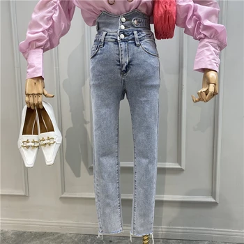 

Elasticity Slim Fit Skinny Jeans Woman 2020 Spring and Summer New Style Irregular Three Buckles High Waist Pencil Pants Jeans
