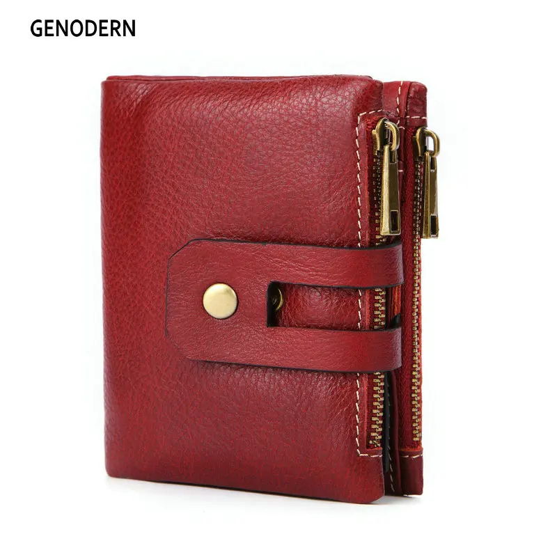 

GENODERN RIFD Fashion Women Wallet Genuine Leather Female Hasp Double Zipper Design Wallets Coin Purse ID Card Holder Purse