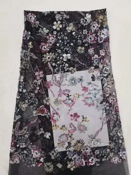 

2019 Latest African Net Lace Fabric, High Quality 3d Sequins Nigerian Wedding Lace Fabrics 5Yards Sequins French Tulle lace