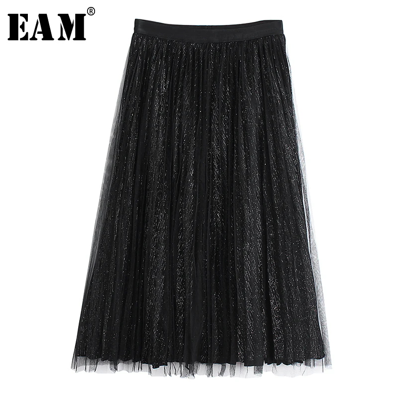 

[EAM] High Elastic Waist Black Mesh Spliced Pleated Causal Half-body Skirt Women Fashion Tide New Spring Autumn 2019 1B036