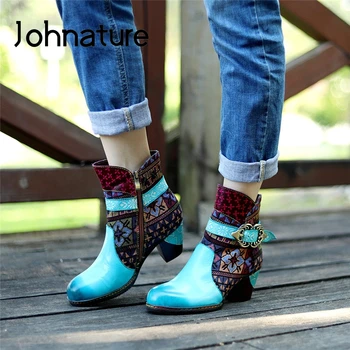 

Johnature Women Shoes Retro Platform Boots Hand-painted 2020 New Winter Genuine Leather Zip Round Toe Sewing Ankle Boots