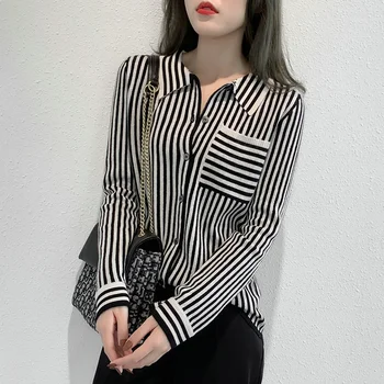 

women blouses long sleeves striped cardigans turndown collar office lady working wool jacket knitted outerwear