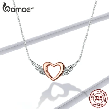 

bamoer GAN162 Genuine 925 Sterling Silver Necklace Heart Wing Love Promise Pendant Necklace Women Chain Collar Wedding Jewelry