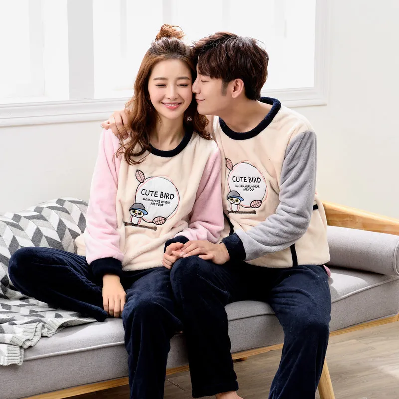 

Winter Couples Pajamas Flannel Thick Warm Tracksuit Men's Women's Coral Velvet Cartoon Set