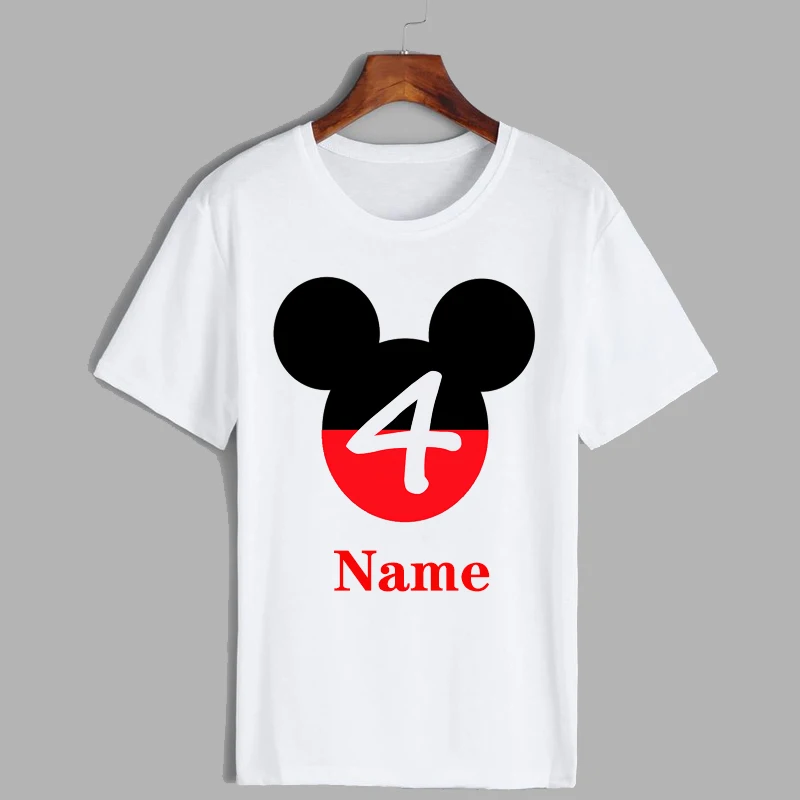 Новая футболка для мальчиков и девочек с принтом Микки Мауса на день рождения, с цифрами и бантиками, с героями мультфильмов Милая хлопковая одежда с принтом «Ваше имя и номер» для малышей