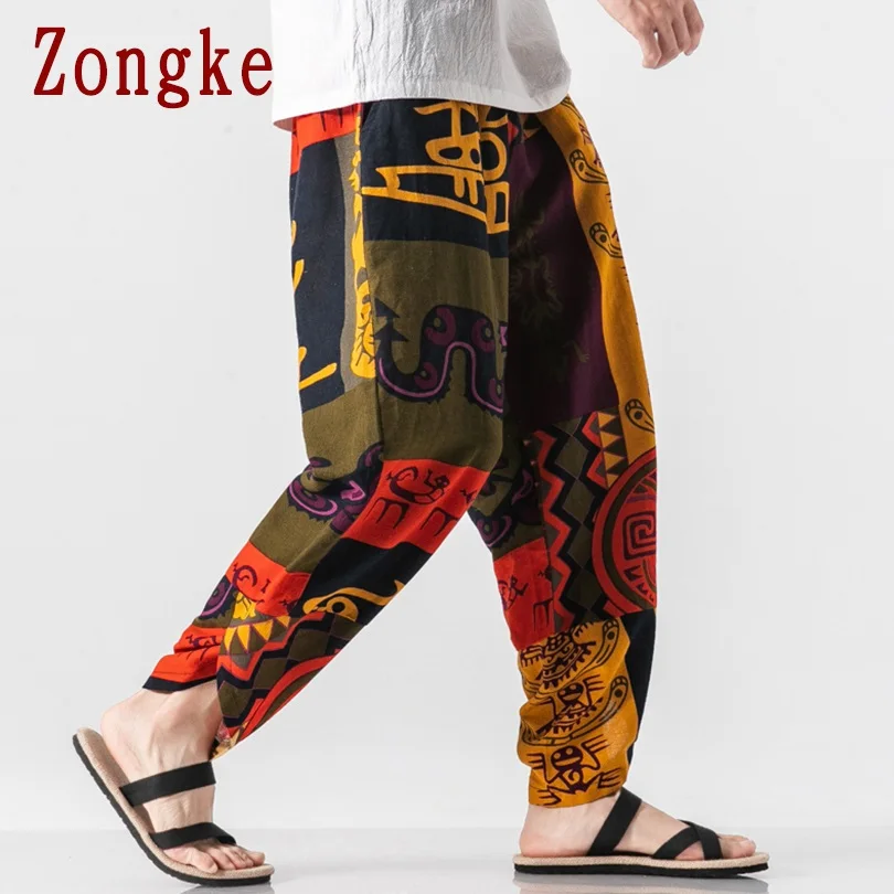 Zongke льняные Мужские штаны для бега по щиколотку брюки мужские штаны уличная тренировочные штаны-шаровары штаны, мужские брюки 5XL осень