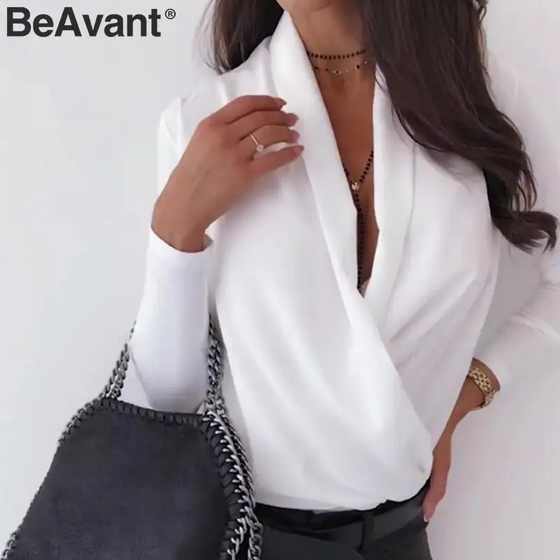 BeAvant, элегантные офисные женские блузки с v-образным вырезом, рубашки с длинным рукавом, Осень-зима, женские белые топы, сексуальные тонкие женские блузки