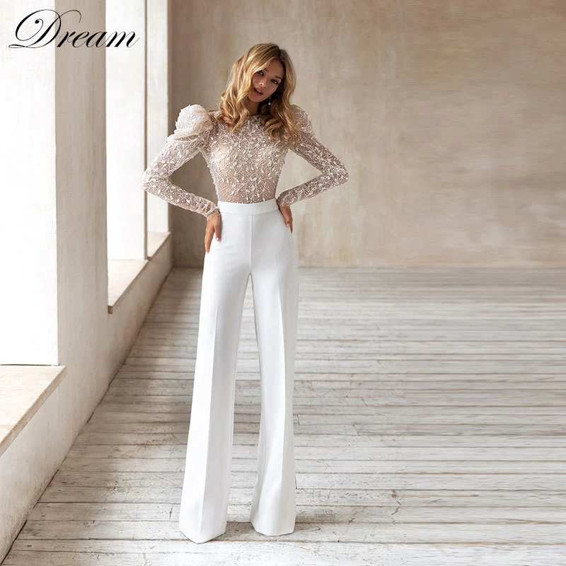 Elegant Wedding Jumpsuit 2022 For Women Satin Long Sleeves Backless Pants Sets For Brides Sparkly Beach Modern wedding gown