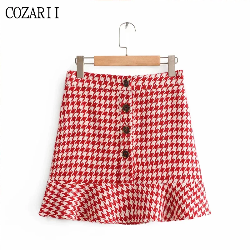 

2019 Women Sweet Red Houndstooth Za Single Breasted Mini Skirts Female Fashion Hairy High Waist A-line Streetwear Skirt Femme