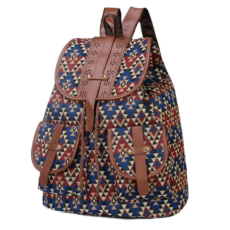 Mochila étnica de lona con estampado Vintage para mujer y niña, mochilas con lazo, Bohemia, de viaje