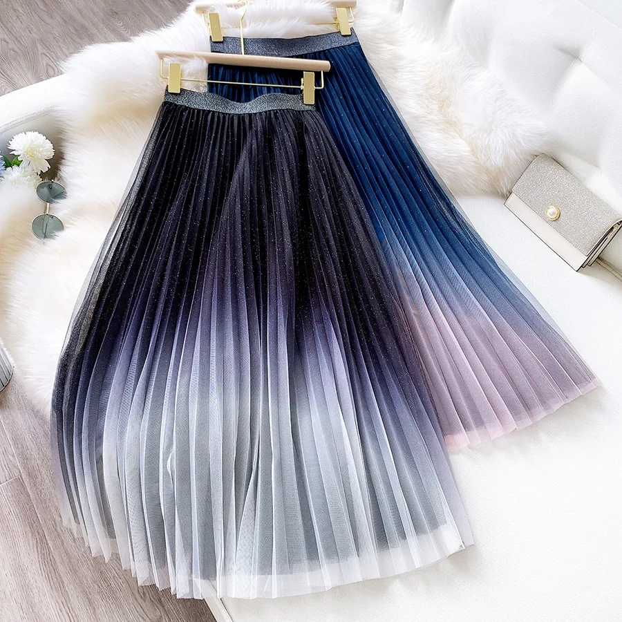 

Mesh sequins unif summer skirt woman 2020 Summer autumn vertical slim fit clothes Starry sky folds pleated skirt