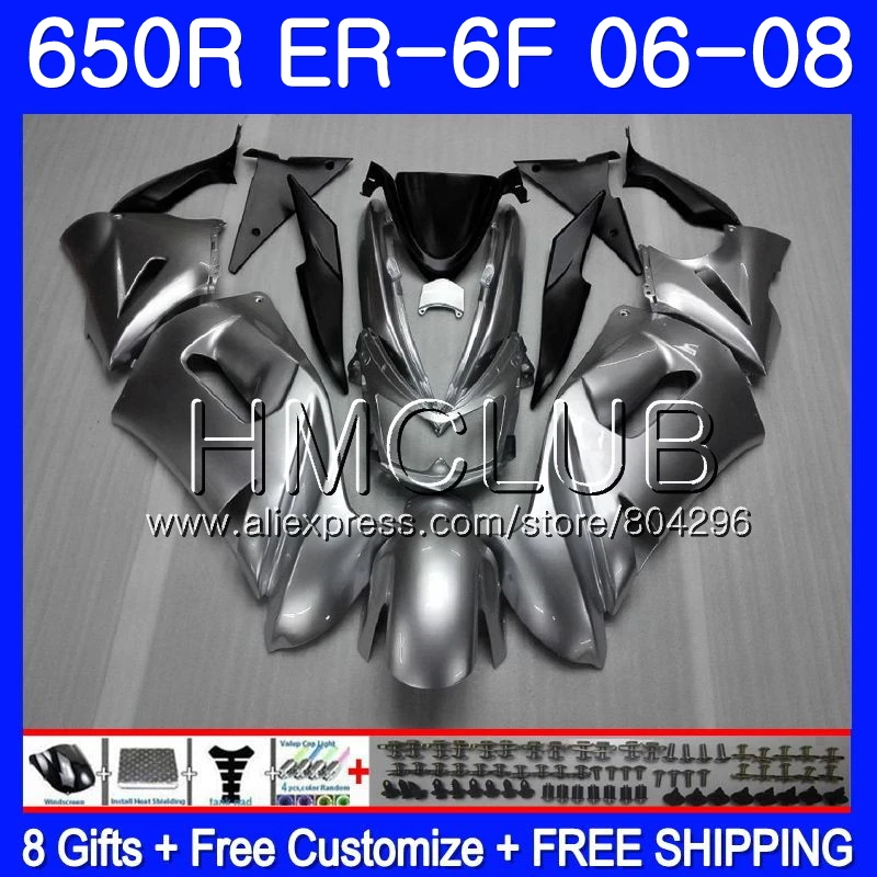 Корпус для KAWASAKI Глянцевые Серебряные ниндзя 650R ER6 F 650 ER 6F 2006 2007 2008 12JK. 8 Ninja650R ER-6F 06 08 ER6F 06 07 08 комплект обтекателей