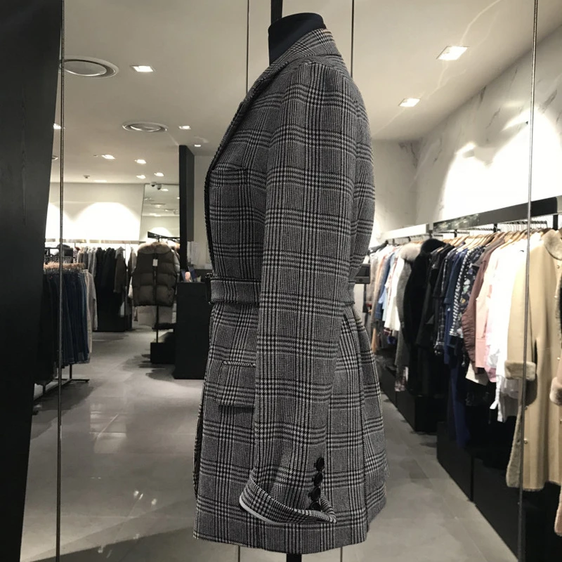 TWOTWINSTYLE, элегантный клетчатый женский Блейзер, длинный рукав, v-образный вырез, карман, высокая талия, с поясом, осень, модная новая одежда