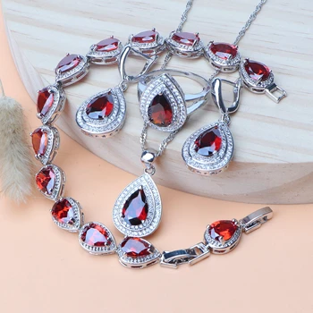 

925 Silver Bridal Jewelry Sets For Women Red CZ Stones Costume Rings Earrings Stones Bracelets Wedding Necklace Pendant Set