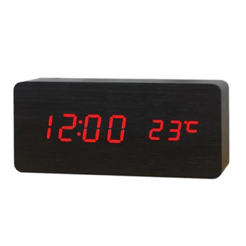

New Voice-activated Wooden LED Alarm Clock Display Date+Time+Celsius/Fahrenheit Temperature Sound Control Function Table Clocks