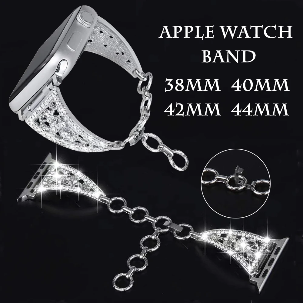 Браслет для Apple Watch 5, 4, ремешок 44 мм, 40 мм, нержавеющая сталь, бриллиантовый женский ремешок, аксессуары для iWatch 3, 2, 1, ремешок 42 мм, 38 мм