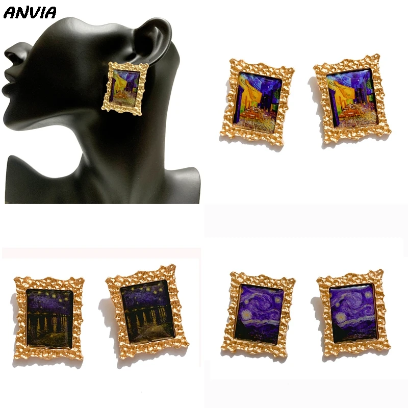 Ван Гог Картина маслом Звездная ночь Фото Серьги гвоздики для женщин женские большие серьги из Золотого Сплава винтажное искусство ювелирные изделия Brincos Новинка