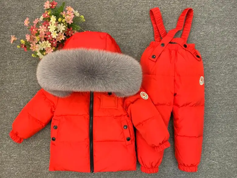 red gray Г. Детский лыжный костюм для маленьких мальчиков на русскую зиму Детская куртка на утином пуху для девочек, пальто, комбинезоны теплая куртка детский комплект для девочек - Цвет: red gray