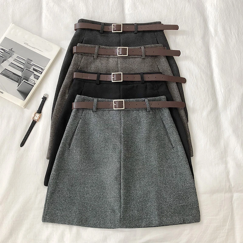 Women Sashes Chic Skirt Autumn Winter Harajuku Solid High Waist Casual A-line Skirt Females Fashion Pocket Belt Mini Skirts