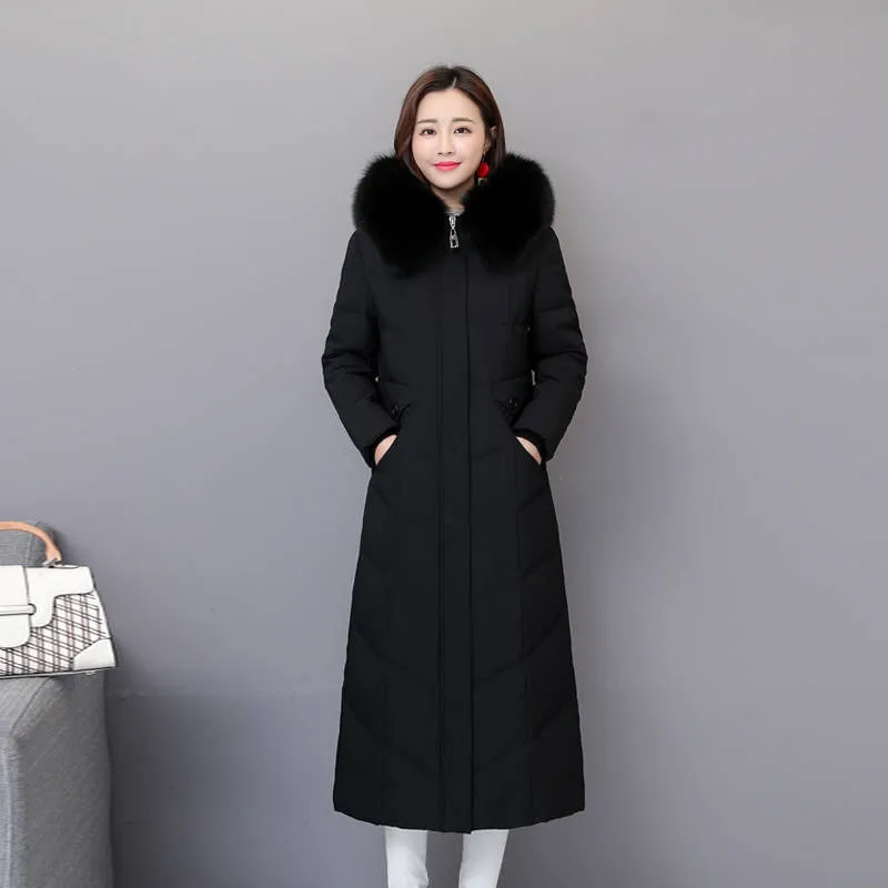 

2019 Autumn Winter Women Down Coat Female Thick White Duck Down Jacket Female Long Warm Real Fox Fur Collar Hooded Clothes A52