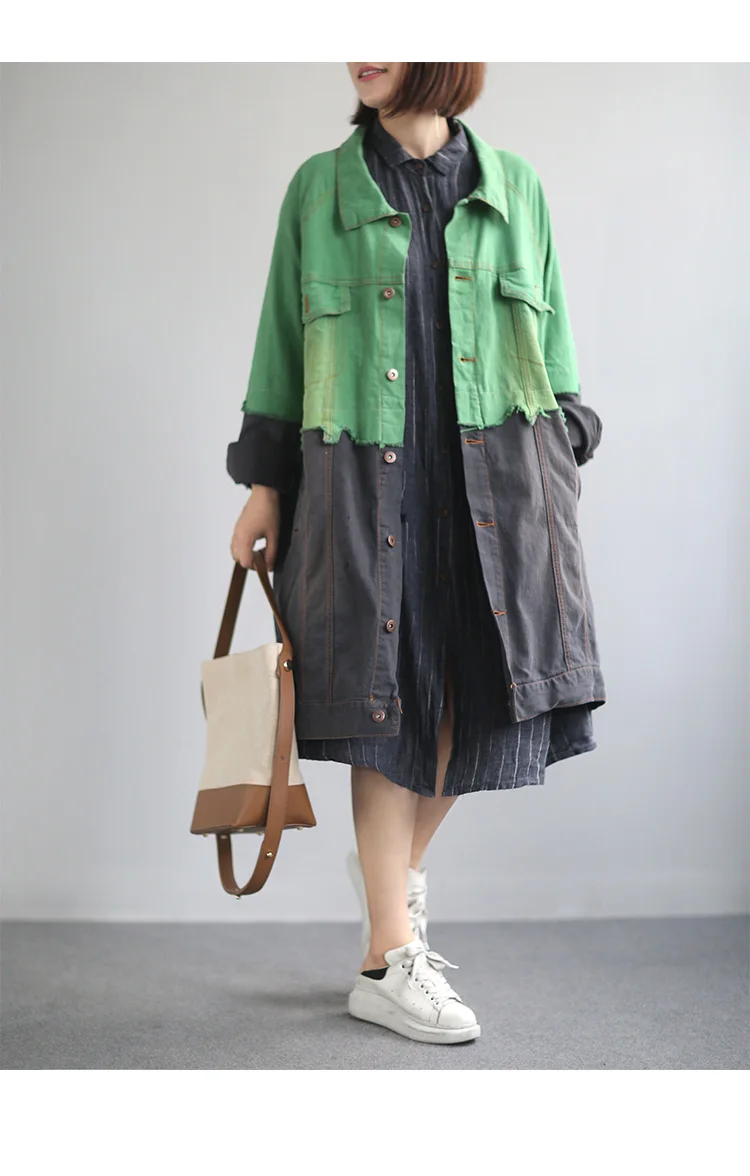 Qi Juan Draw Literature And Art Retro Casual Mid-length Washing Retro Mixed Colors Denim Windbreaker Women's Loose And Plus-size
