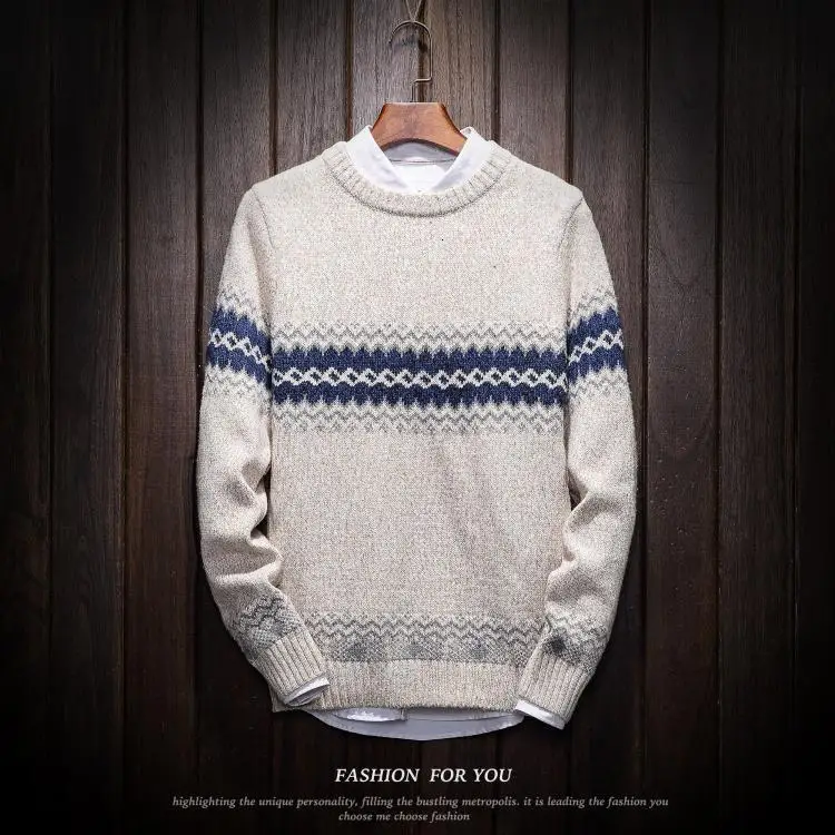 Зимний свитер мужской теплый Модный повседневный вязаный пуловер мужской свободный свитер большого размера мужской свитер, одежда M-6XL - Цвет: creamy-white