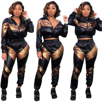 

Autumn/winter Tracksuits Women 2 Piece Set wear hot style flash leather film matching color sportswear suit Joggers Outfits