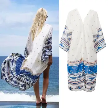 

Summer Women Beachwear Vintage Print Long Beach Dresses For Women Beach Tunic Swimsuit Female Beach Cover Up Smock Sarongs Plage