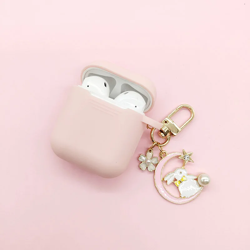Беспроводной чехол для наушников с Bluetooth для Apple AirPods, чехол для наушников s для Airpods, защитный чехол, кольцо для ключей с милым жемчугом и кроликом - Цвет: Pink