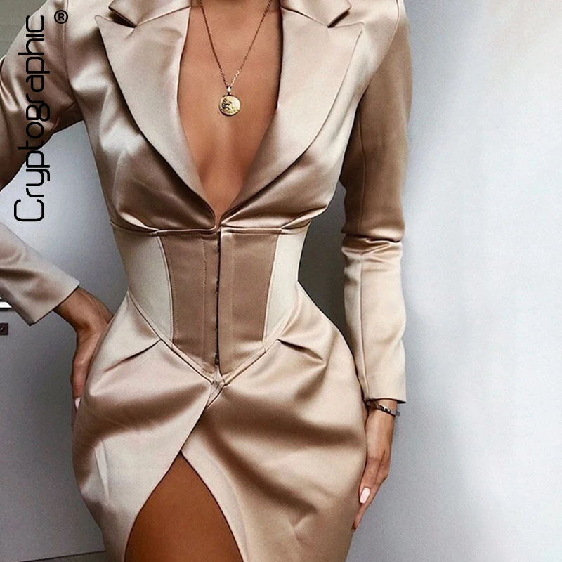 Goede Cryptografische Diepe V hals Lange Blazers Jassen En Jassen Vrouwen Turn Down Kraag Lange Mouwen Overdekte Button Jassen Blazers jurken