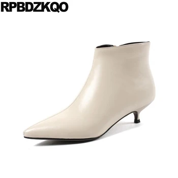 

big size fall pointed toe 10 shoes plus thin 2019 stiletto beige genuine leather women ankle boots medium heel autumn ladies