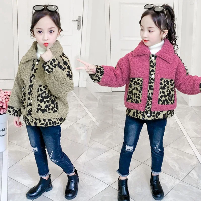 COOTELILI Warm Fur Kids Girls Coat Fashion Patchwork Leopard Winter Girls Jacket Children Clothes Thicken Fur Coat Pink Brown (3)