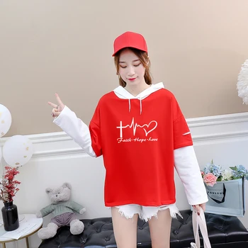 

Harajuku Faith Love Hope Hoodies Sweatshirt Women Streetwear Casual Drop Shoulder Fake Two Pieces Hooded Kawaii Heart Print Tops