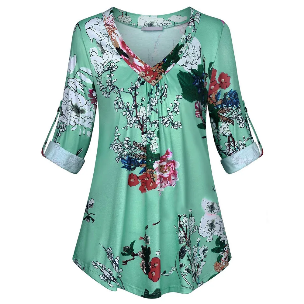 5xl estampado Floral blusas de mujeres con cuello en V botón Tops Jersey Primavera Verano suelto de Vestido de manga larga talla grande Рубашка Женская