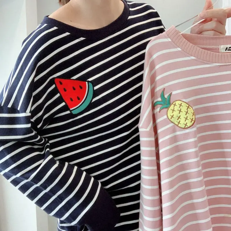 Женский пижамный комплект с круглым вырезом и мультяшным принтом Kawaii, полосатая Пижама с героями мультфильмов, Женская Повседневная зимняя Пижама,, Y2