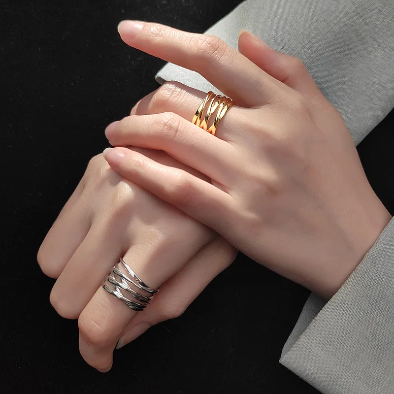 

MIQIAO Silver Rings For Women Adjustable Jewellery 925 Geometric Female Accessories Golden Luxury Smooth Multi-layer Lines 2020