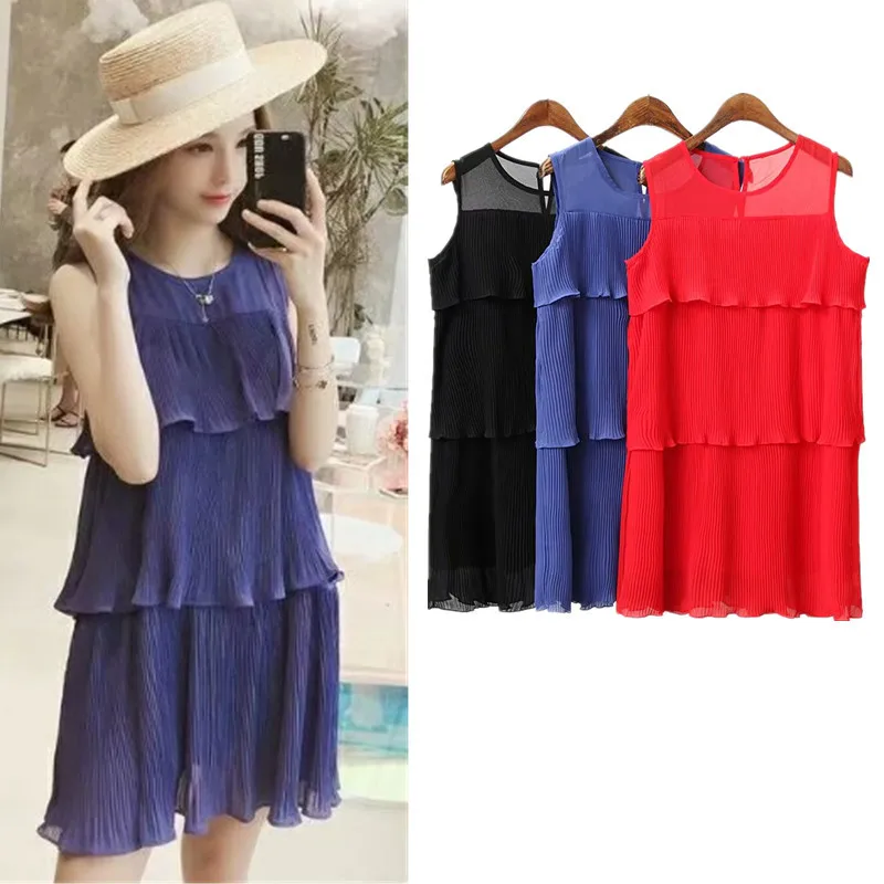

Summer 2018 New Style Korean-style Flounced Cake Dress Hipster Sleeveless Chiffon Vest Dress Women's J8485