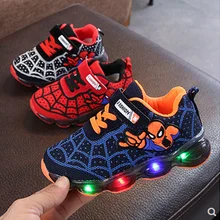 Детская обувь со светящимися вставками «Человек-паук» для мальчиков и девочек; светильник; Детские светящиеся кроссовки; спортивная обувь с сеткой для мальчиков и девочек; светодиодный светильник