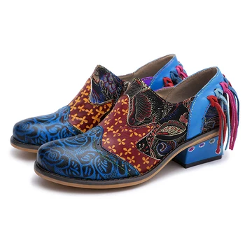 

SONDR big size shoes woman blue square heels pumps chaussures femmes nouveau 2019 bohemian retro genuine leather fringe sapatos