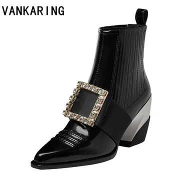 

crystal buckle brand design ankle boots woman slip-on autumn winter woman female shoes chelsea boot classic high heel short boot