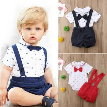 

2Pcs Newborn Toddler Baby Boy Clothes Short Sleeve Bow Tie Romper Tops +Solid Shorts Overalls 2PCS Outfit Set 0-2T