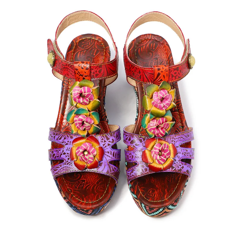 

Vintage Splicing Genuine Leather Printed Women sandals For Women Shoes Buckle Strap Open Toed 5CM Wedges High Heels Flower