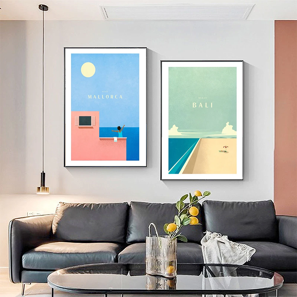 

Nordic Abstract Landscape Posters And Prints Cartoon Canvas Painting Bali Mallorca Art Pictures for Livingroom Decor On The Wall