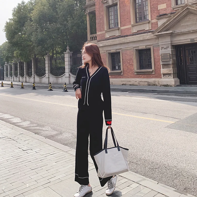 

Taotrees Autumn Solid Color Knit Suits Long Sleeve Pullover Tops + High Waist Wide Leg Pants 2 Piece Set