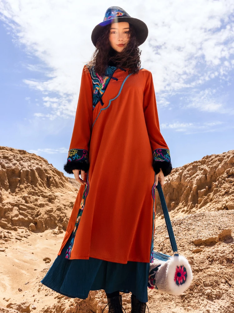 

Free Shipping 2021 New Fashion Long Mid-Calf Dress Women Full Sleeve Dresses Chinese Style Embroidery S-L Autumn Winter Velvet