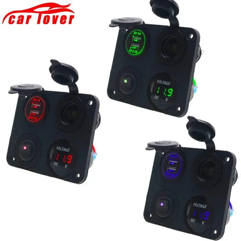 

Dual USB Socket Charger 2.1A+2.1A + 12V Power Outlet +NO-OFF Switch+ LED Voltmeter 4 in 1 Charger Panel for Car Motocycle