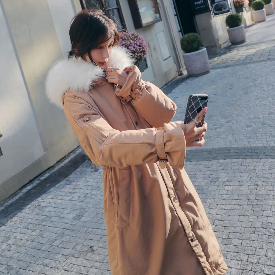 

Photo Shoot CHIC Korean-style Drawstring Waist Hugging Thick Workwear Cotton Overcoat Women's INS Elegant Large Fur Collar Hoode